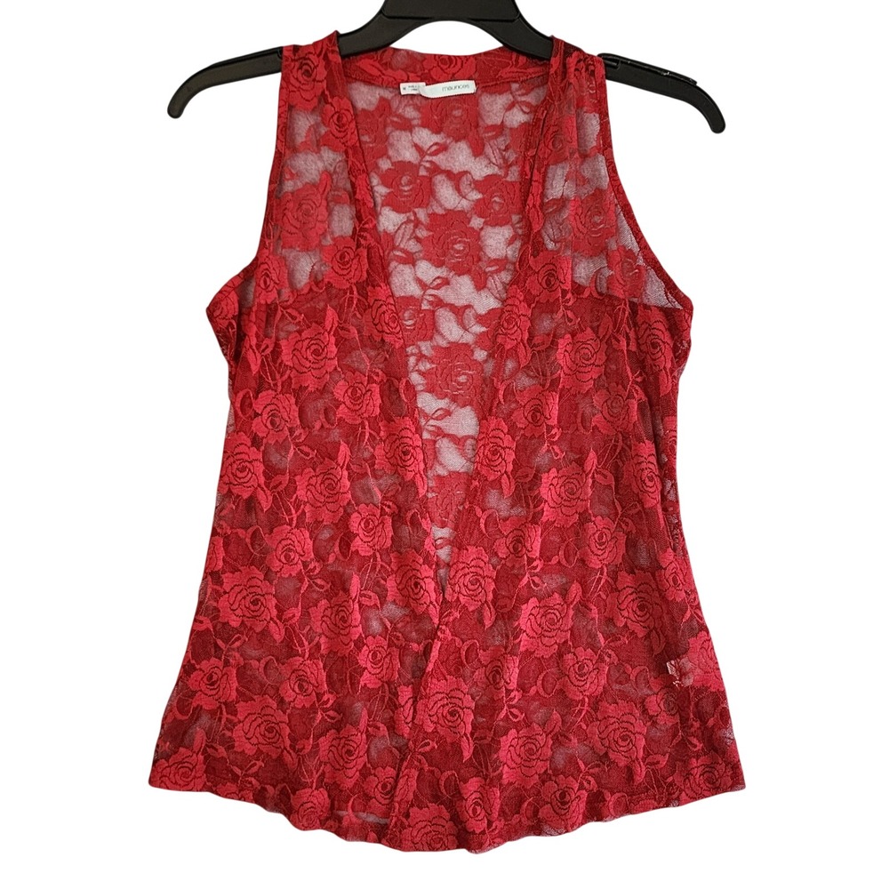 Maurices Lace Mesh Vest Red Open Front Floral Rose Womens Medium Whimsigoth Boho